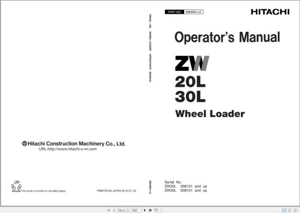 Hitachi Wheel Loader ZW30L Operators Manual EM4EN 1 2