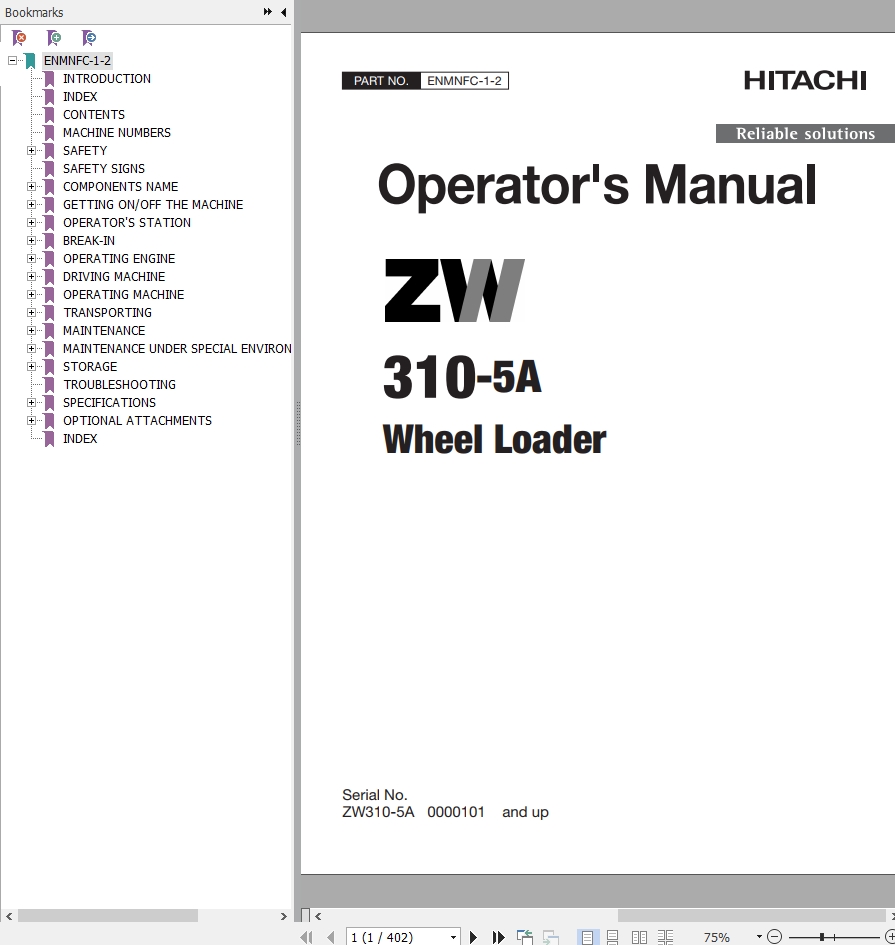 Hitachi Wheel Loader ZW310 5A Operators Manual ENMNFC 1 2