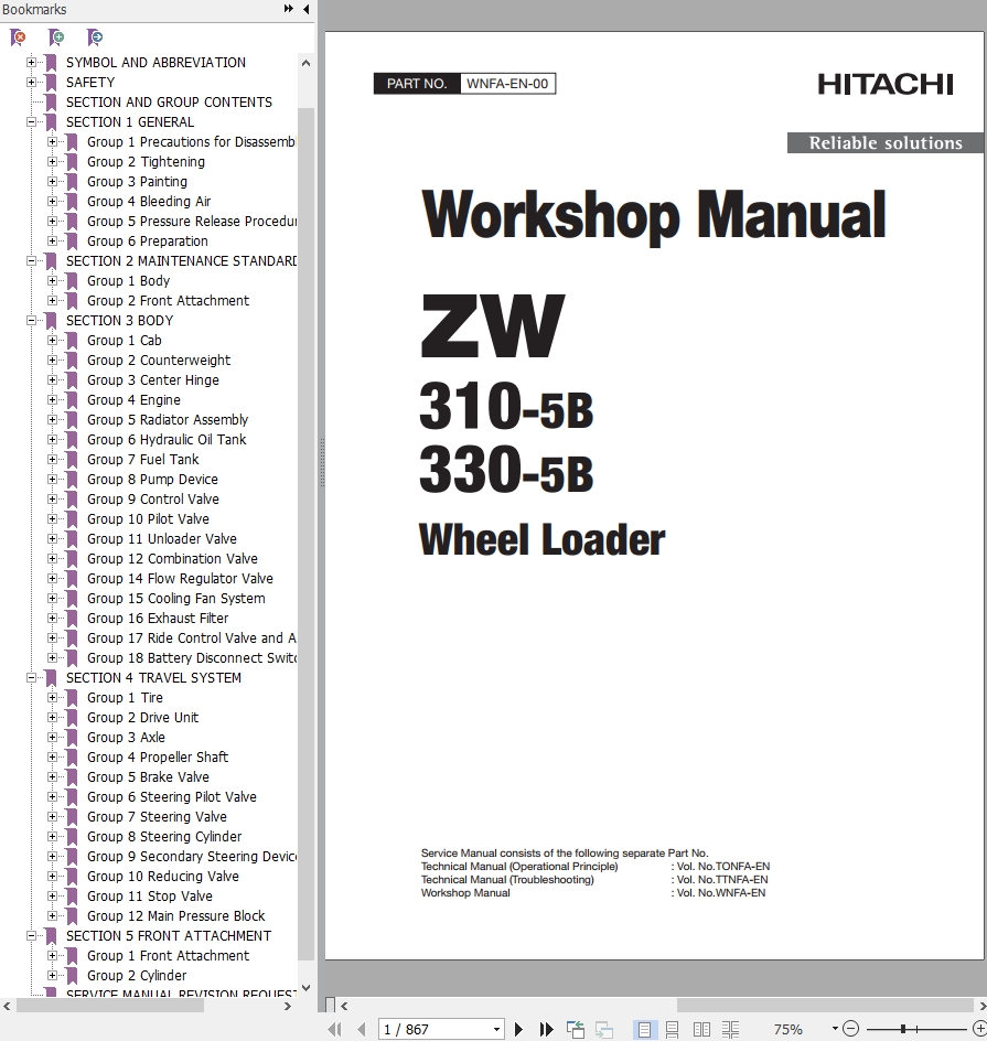 Hitachi Wheel Loader ZW310 5B Workshop Manual WNFA EN 00
