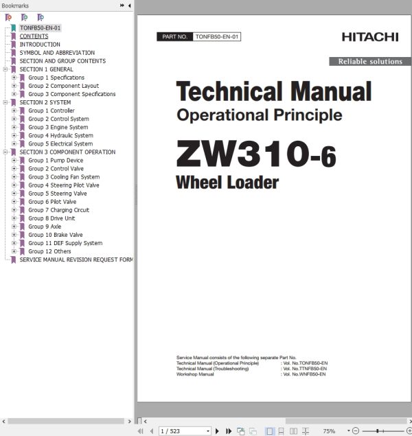 Hitachi Wheel Loader ZW310 6 Technical Manual
