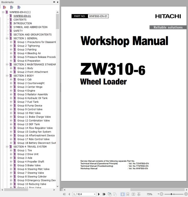 Hitachi Wheel Loader ZW310 6 Workshop Manual WNFB50 EN 01