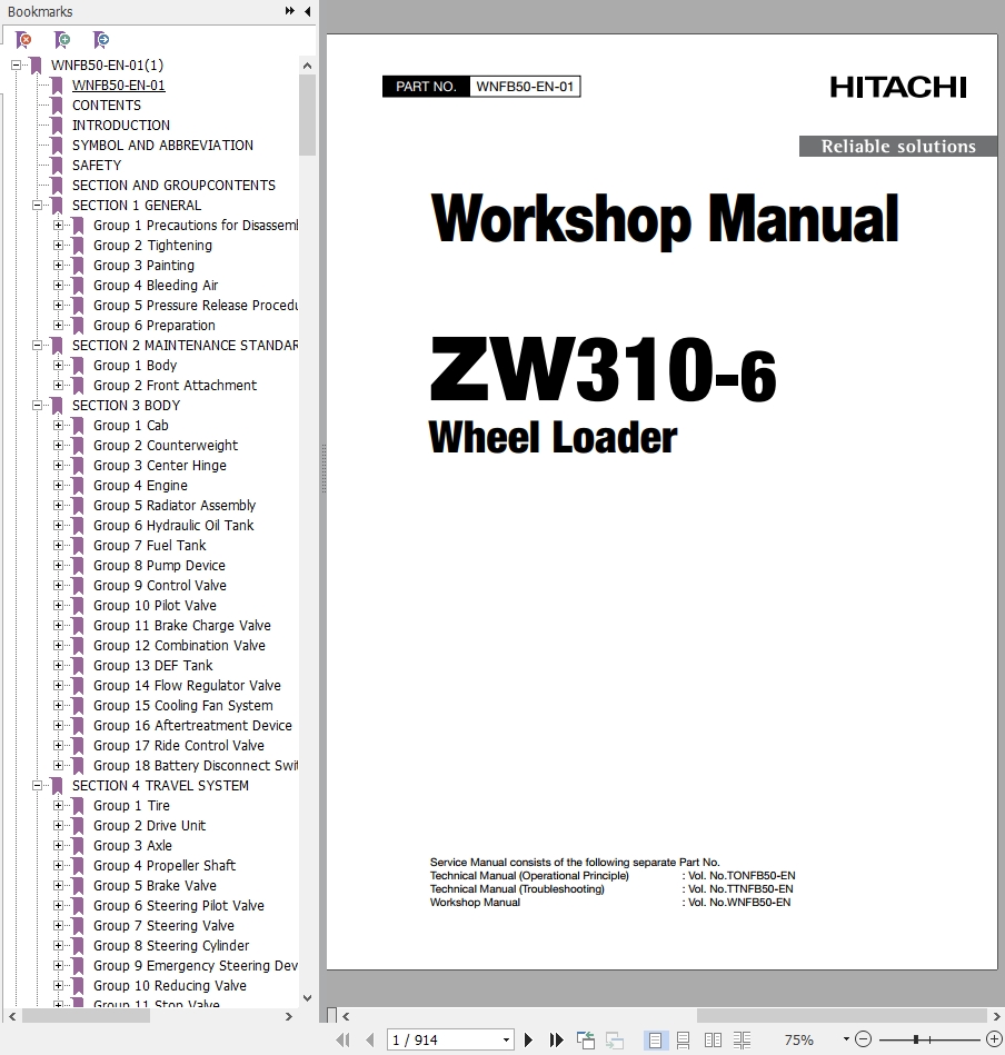 Hitachi Wheel Loader ZW310 6 Workshop Manual WNFB50 EN 01