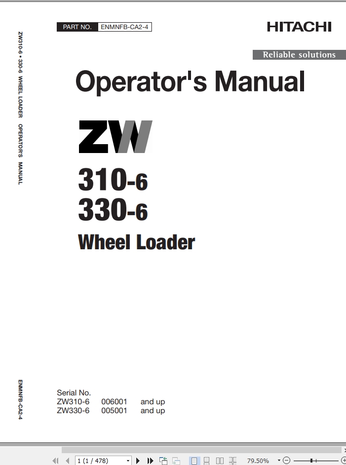 Hitachi Wheel Loader ZW330 6 Operators Manual