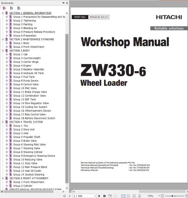 Hitachi Wheel Loader ZW330 6 Workshop Manual WNGE40 EN 01