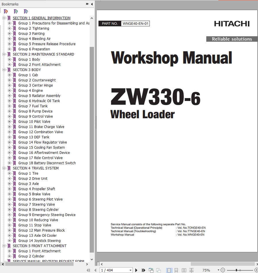 Hitachi Wheel Loader ZW330 6 Workshop Manual WNGE40 EN 01