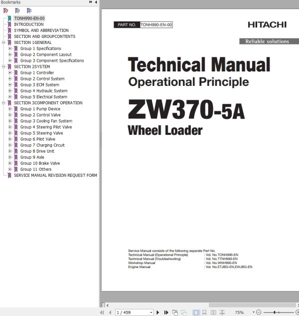 Hitachi Wheel Loader ZW370 5A Technical Manual