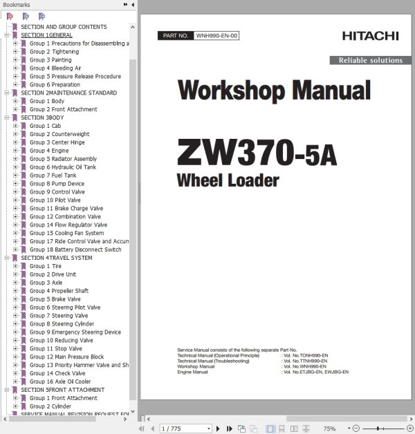 Hitachi Wheel Loader ZW370 5A Workshop Manual WNH990 EN 00