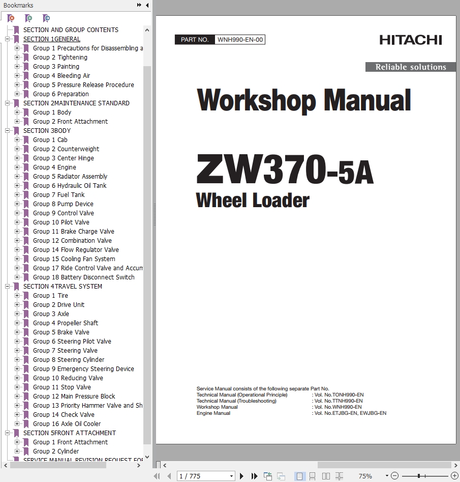 Hitachi Wheel Loader ZW370 5A Workshop Manual WNH990 EN 00