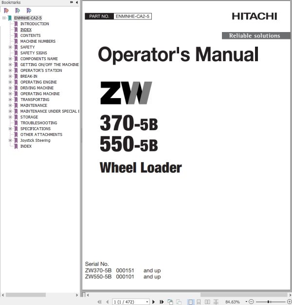 Hitachi Wheel Loader ZW370 5B Operators Manual ENMNHE CA2 5