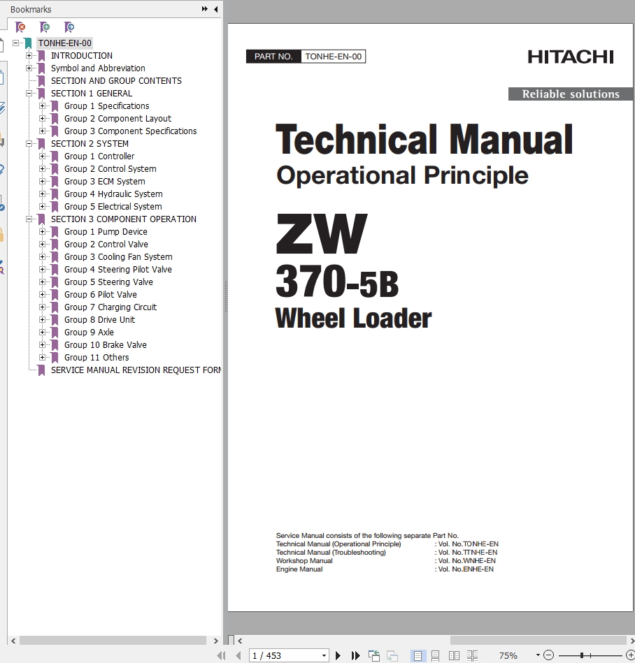Hitachi Wheel Loader ZW370 5B Technical Manual