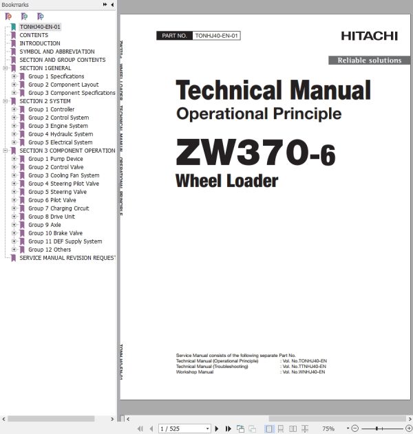 Hitachi Wheel Loader ZW370 6 Technical Manual