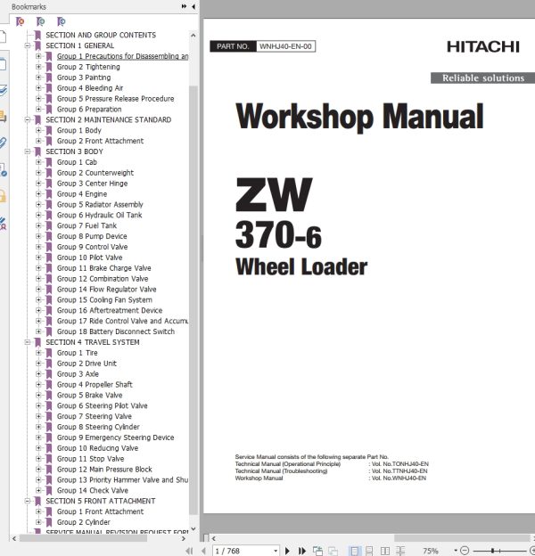 Hitachi Wheel Loader ZW370 6 Workshop Manual