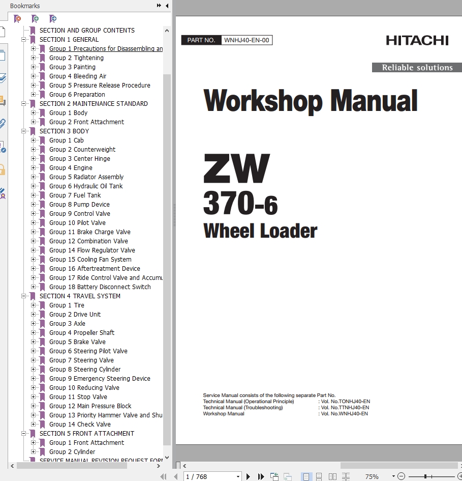 Hitachi Wheel Loader ZW370 6 Workshop Manual