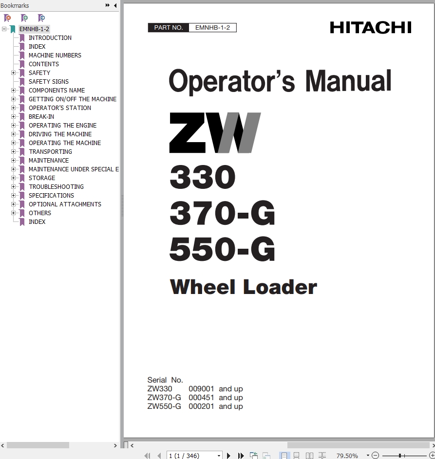 Hitachi Wheel Loader ZW370 G Operators Manual EMNHB 1 2