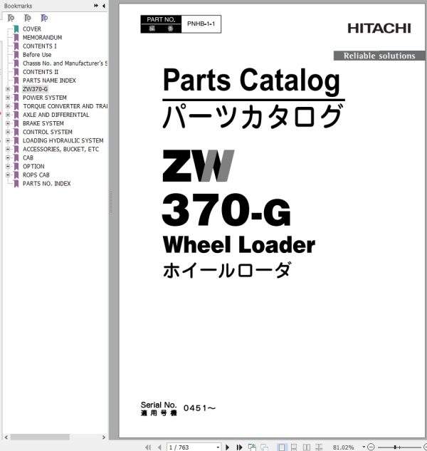 Hitachi Wheel Loader ZW370 G Parts Catalog PNHB 1 1 EN JP