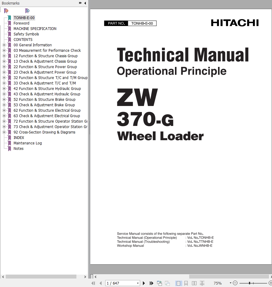 Hitachi Wheel Loader ZW370 G Technical Manual 1