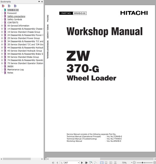 Hitachi Wheel Loader ZW370 G Workshop Manual WNHB E 00 1