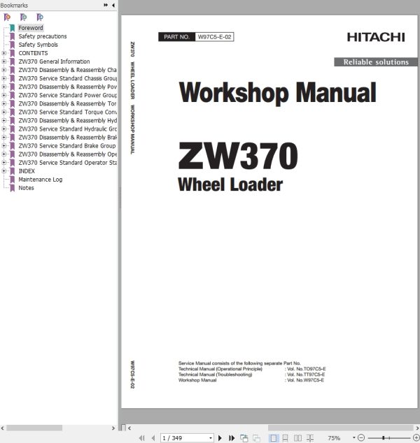 Hitachi Wheel Loader ZW370 Workshop Manual W97C5 E 02