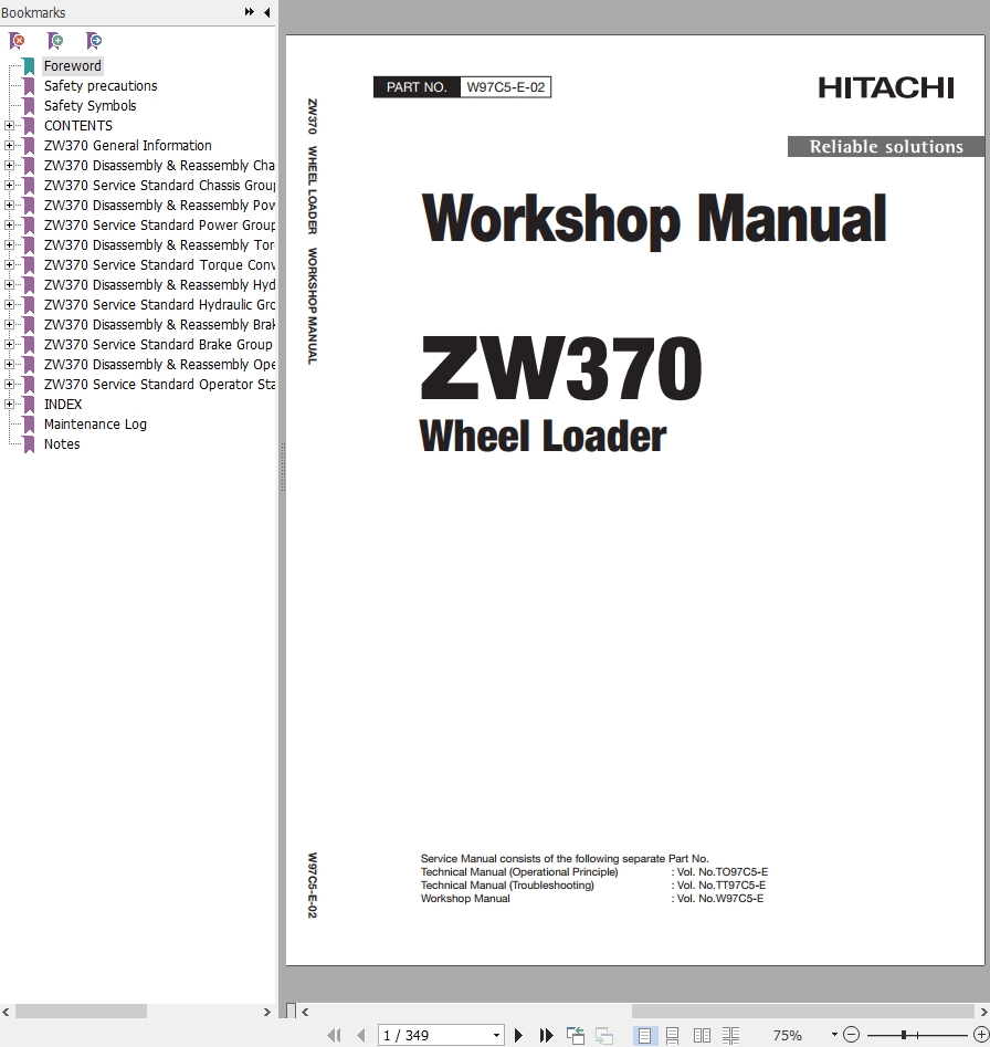 Hitachi Wheel Loader ZW370 Workshop Manual W97C5 E 02