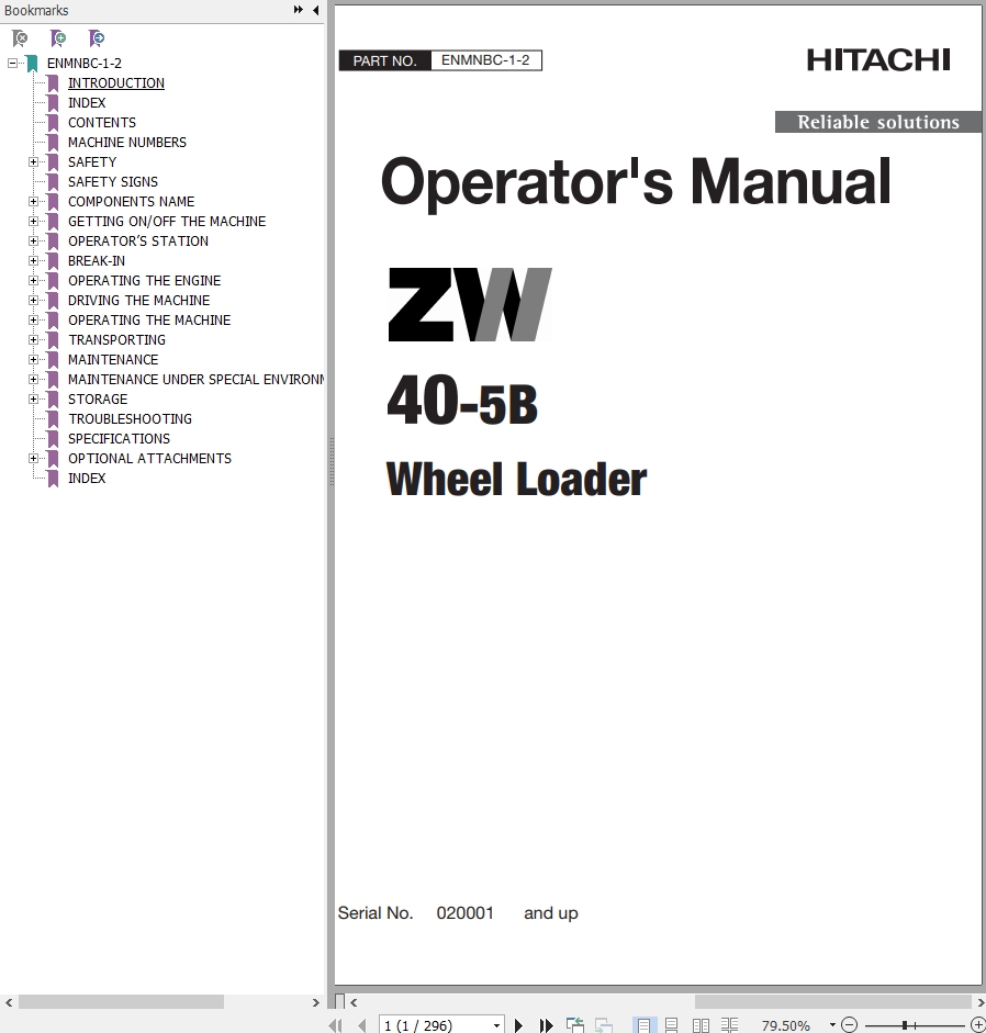 Hitachi Wheel Loader ZW40 5B Operators Manual ENMNBC 1 2
