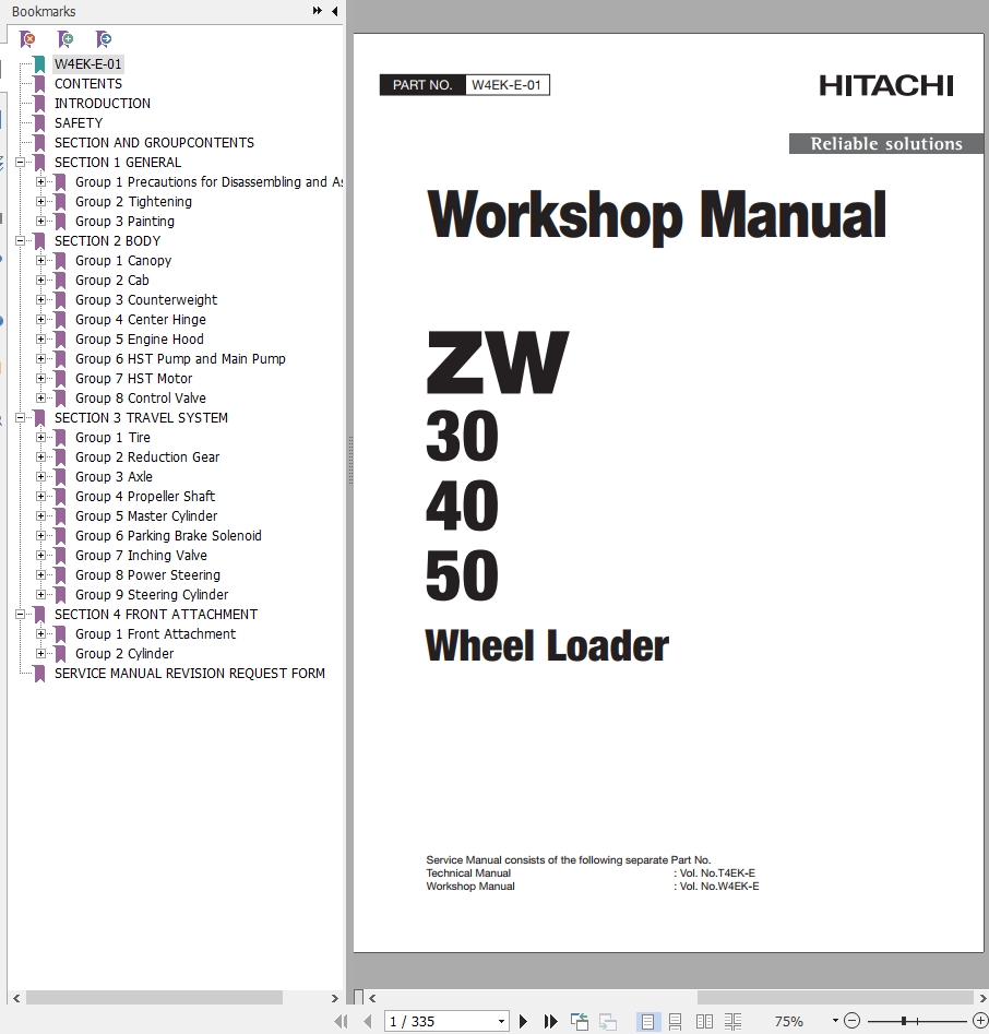 Hitachi Wheel Loader ZW40 Workshop Manual W4EK E 01