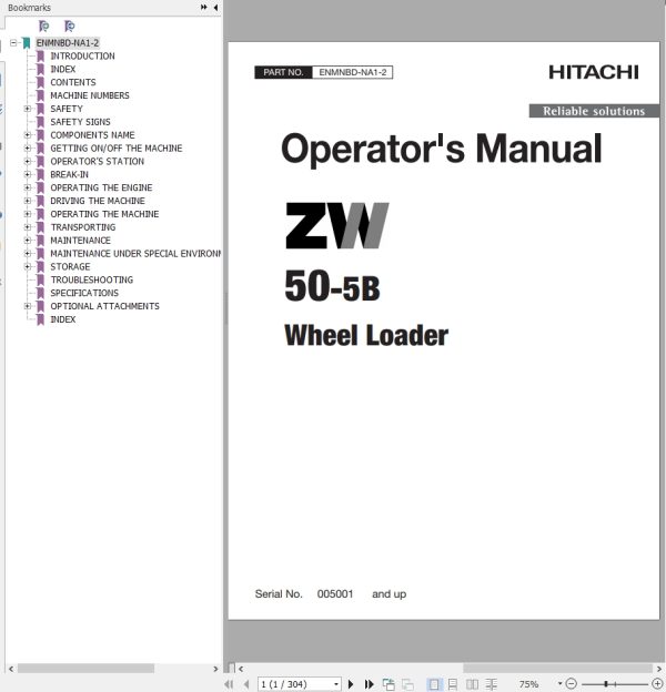 Hitachi Wheel Loader ZW50 5B Operators Manual ENMNBD NA1 2