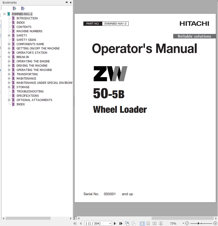 Hitachi Wheel Loader ZW50 5B Operators Manual ENMNBD NA1 2