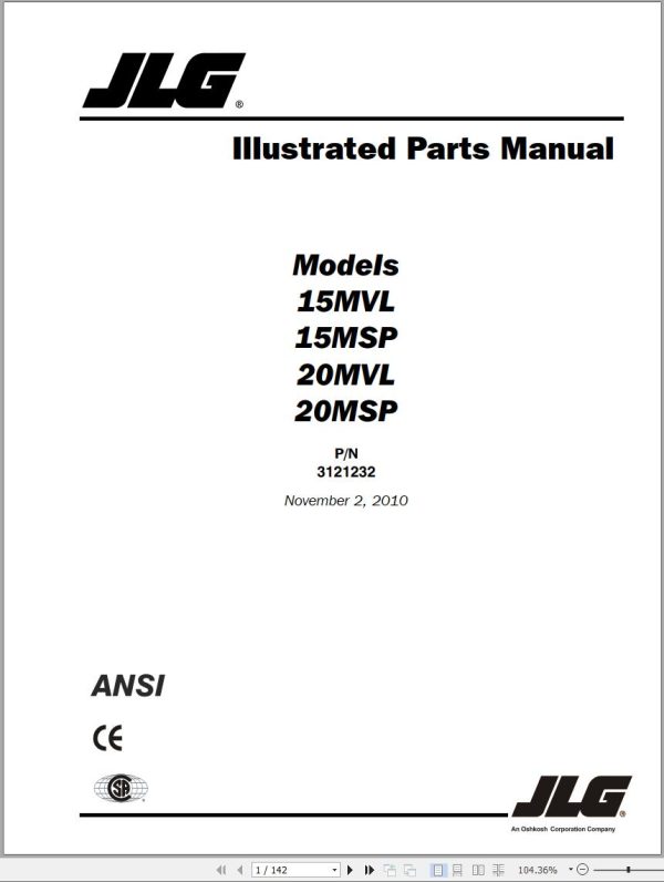 JLG Lift 15MVL 15MSP 20MVL 20MSP Illustrated Parts Manual
