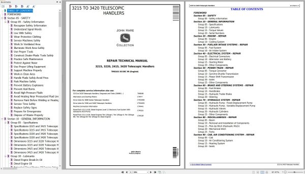 John Deere Telescopic Handlers 3215 3220 3415 3420 Repair Technical Manual TM8103 1