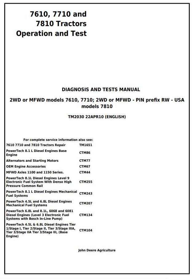 John Deere Tractors 7610 7710 7810 USA Tractors Diagnosis Operation Tests Manual TM2030 1