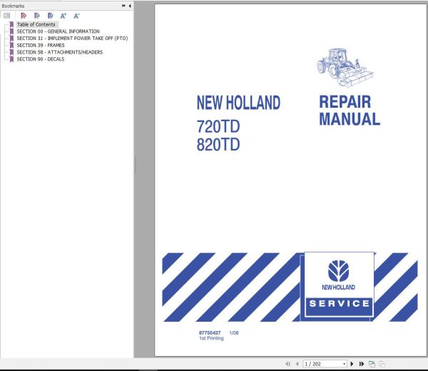 New Holland Disc Mower Conditioner Header 720TD 820TD Repair Manual