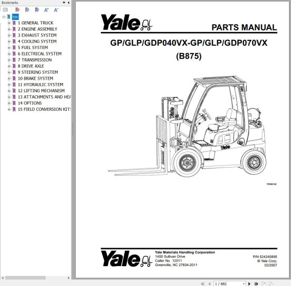 Yale Forklift B875 Parts Manual 1
