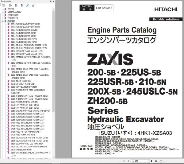 Hitachi Excavator ZX200 5B to ZH200 5B Series Engine Parts Catalog