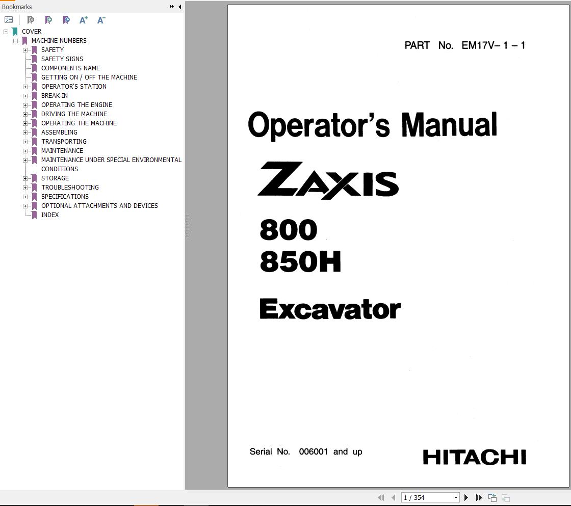 Hitachi Excavator ZX800 Operators Manual