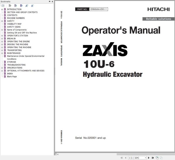 Hitachi Hydraulic Excavator ZX10U 6 Operators Manual ENMAAA EN1 1