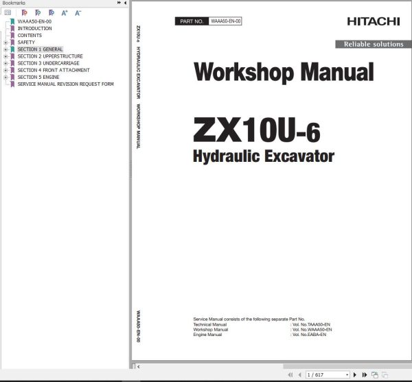 Hitachi Hydraulic Excavator ZX10U 6 Workshop Manual WAAA50 EN 00