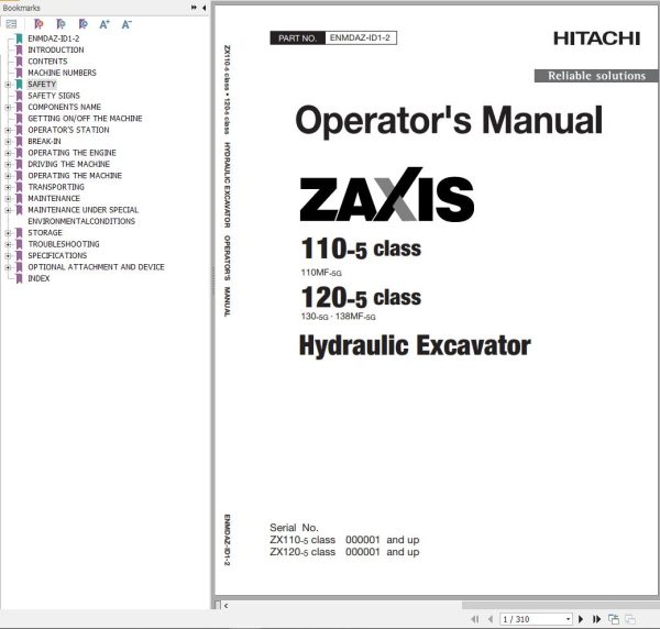 Hitachi Hydraulic Excavator ZX110MF 5G Operators Manual