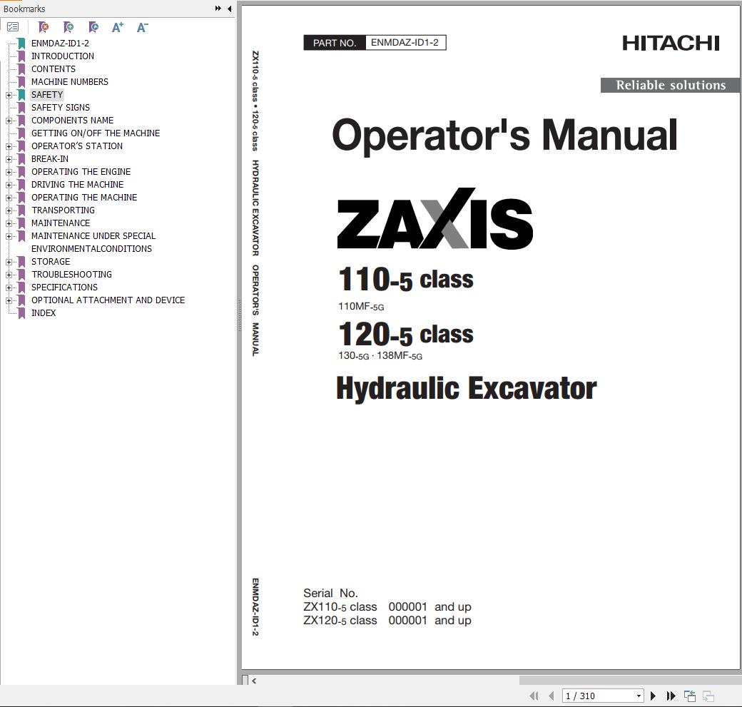 Hitachi Hydraulic Excavator ZX110MF 5G Operators Manual