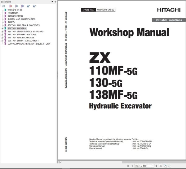 Hitachi Hydraulic Excavator ZX110MF 5G Workshop Manual