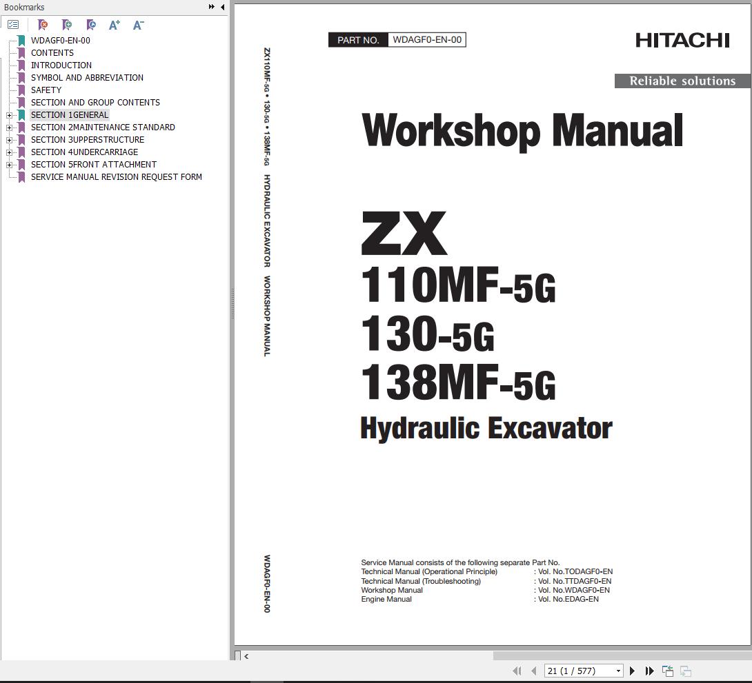 Hitachi Hydraulic Excavator ZX110MF 5G Workshop Manual