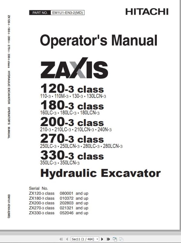Hitachi Hydraulic Excavator ZX120 3 to ZX330 3 Class Operators Manual
