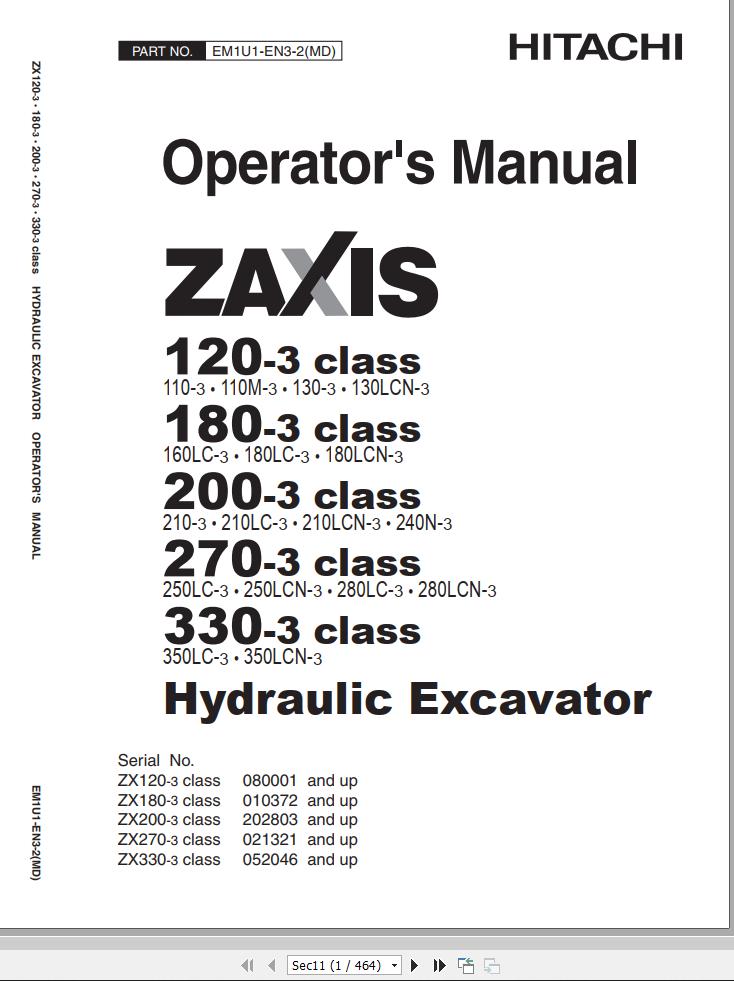 Hitachi Hydraulic Excavator ZX120 3 to ZX330 3 Class Operators Manual