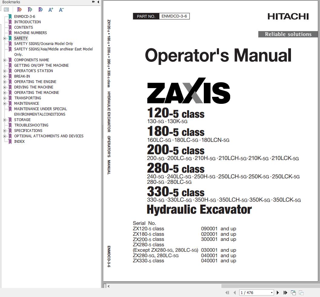 Hitachi Hydraulic Excavator ZX120 5 to ZX330 5 Class Operators Manual
