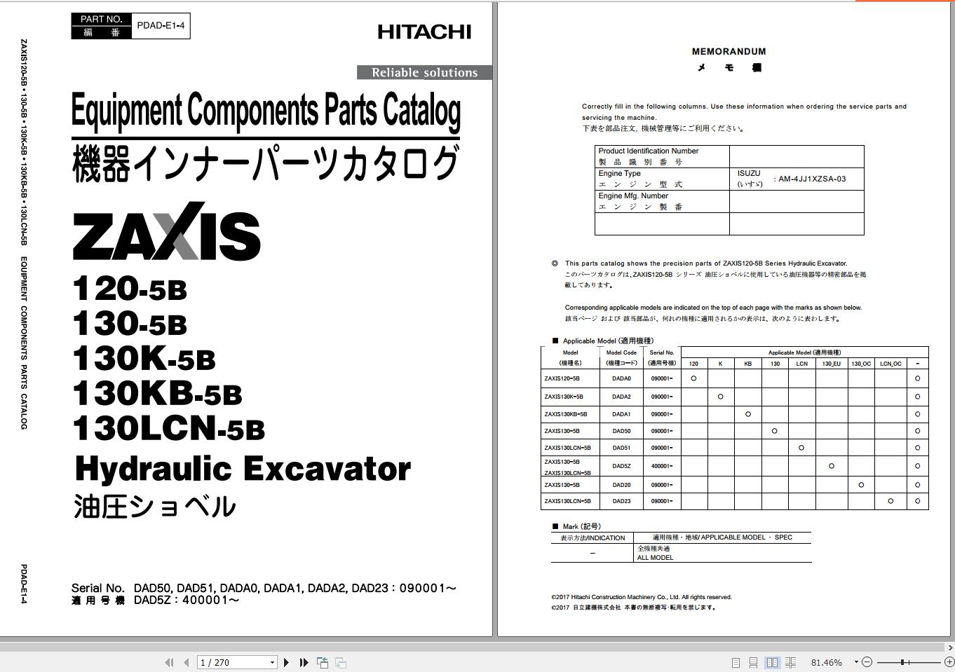 Hitachi Hydraulic Excavator ZX120 5B Parts Catalog EN JP