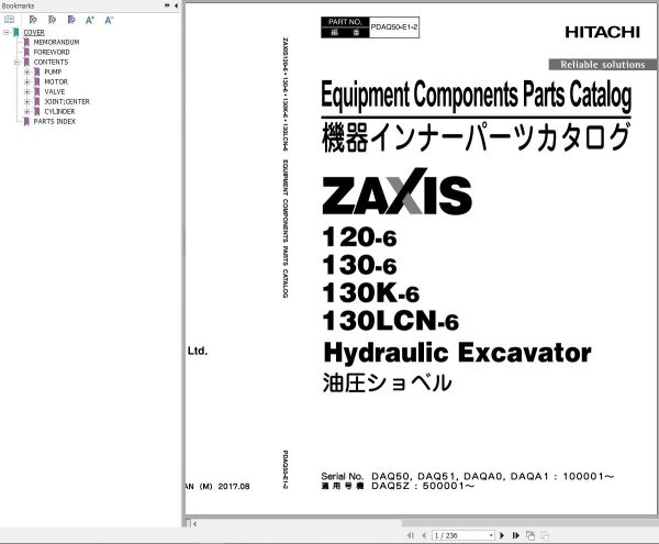 Hitachi Hydraulic Excavator ZX120 6 ZX130 6 ZX130K 6 ZX130LCN 6 Parts Catalog EN JP