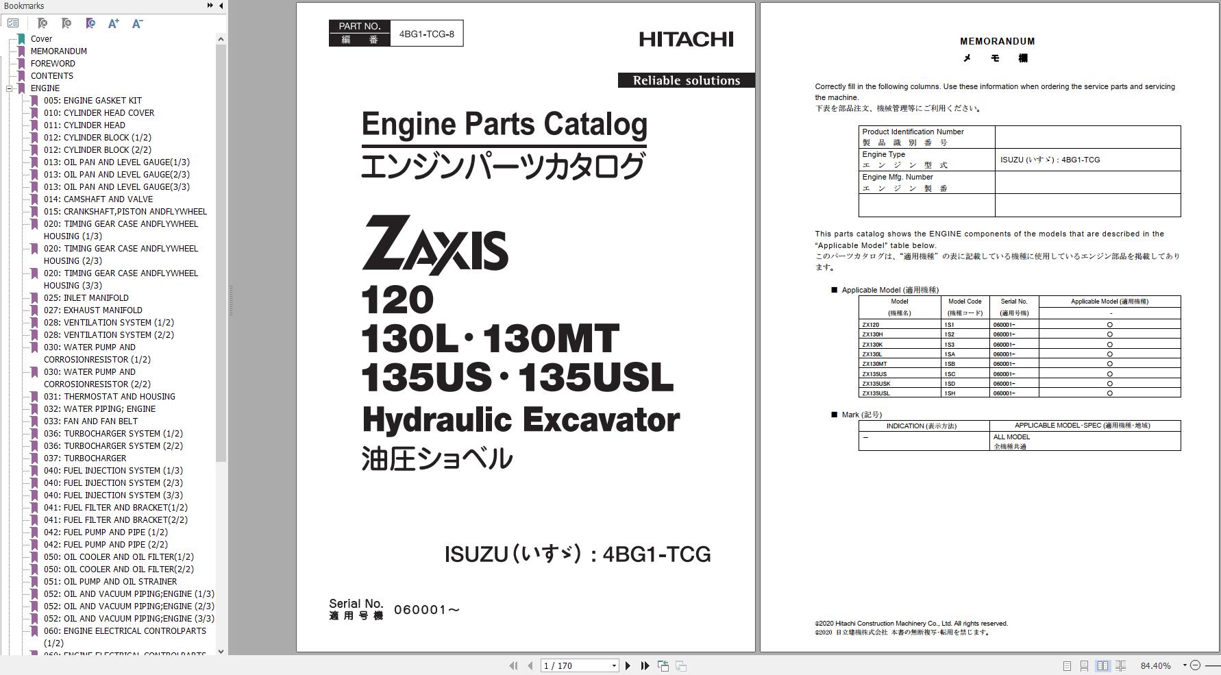 Hitachi Hydraulic Excavator ZX120 to ZX135USL Engine Parts Catalog