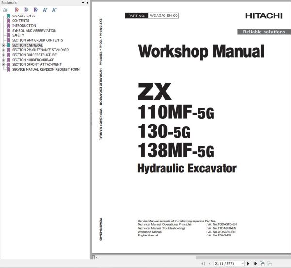 Hitachi Hydraulic Excavator ZX130 5G Workshop Manual WDAGF0 EN 00