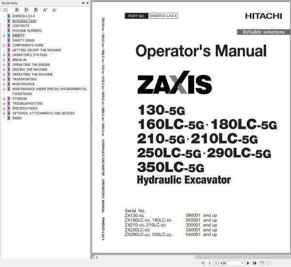 Hitachi Hydraulic Excavator ZX130 5G to ZX350LC 5G Operators Manual