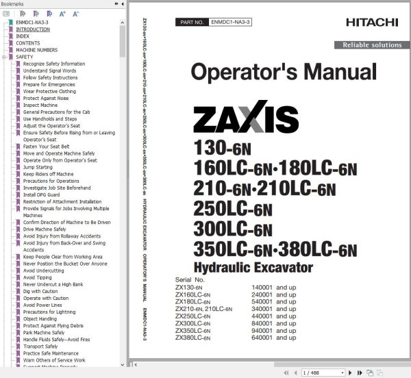Hitachi Hydraulic Excavator ZX130 6N to ZX380LC 6N Operators Manual