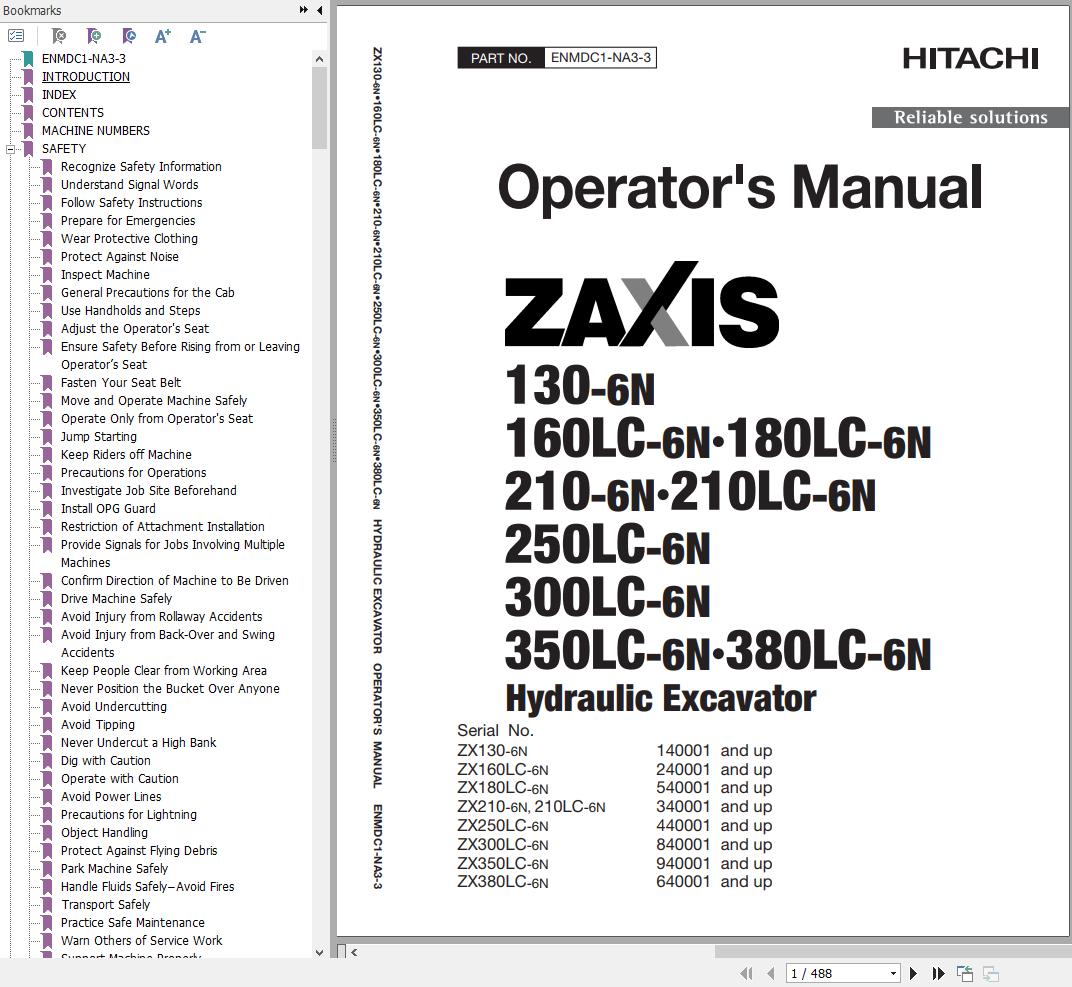 Hitachi Hydraulic Excavator ZX130 6N to ZX380LC 6N Operators Manual